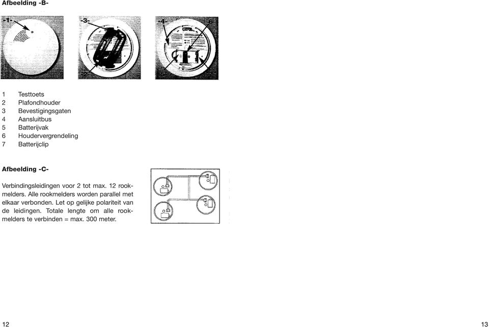 12 rookmelders. Alle rookmelders worden parallel met elkaar verbonden.