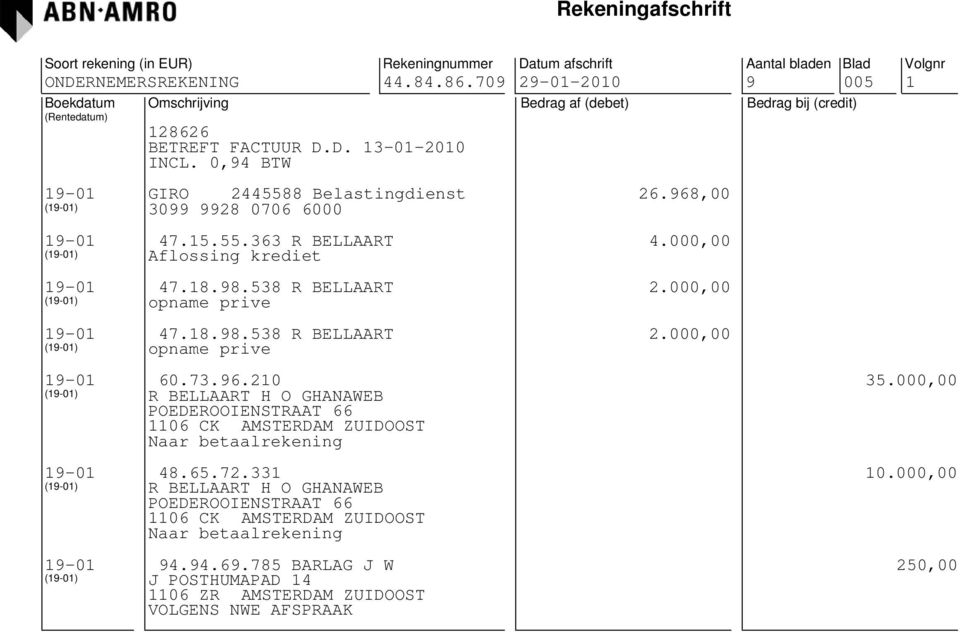 210 (19-01) R BELLAART H O GHANAWEB POEDEROOIENSTRAAT 66 1106 CK AMSTERDAM ZUIDOOST Naar betaalrekening 19-01 48.65.72.