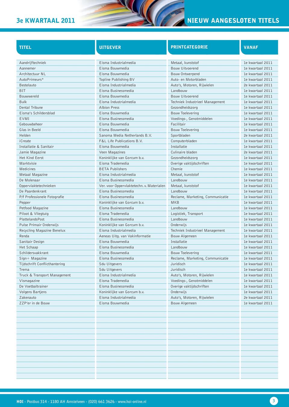 2e kwartaal 2011 BIT Eisma Businessmedia Landbouw 1e kwartaal 2011 Bouwwereld Eisma Bouwmedia Bouw Uitvoerend 1e kwartaal 2011 Bulk Eisma Industrialmedia Techniek Industrieel Management 1e kwartaal