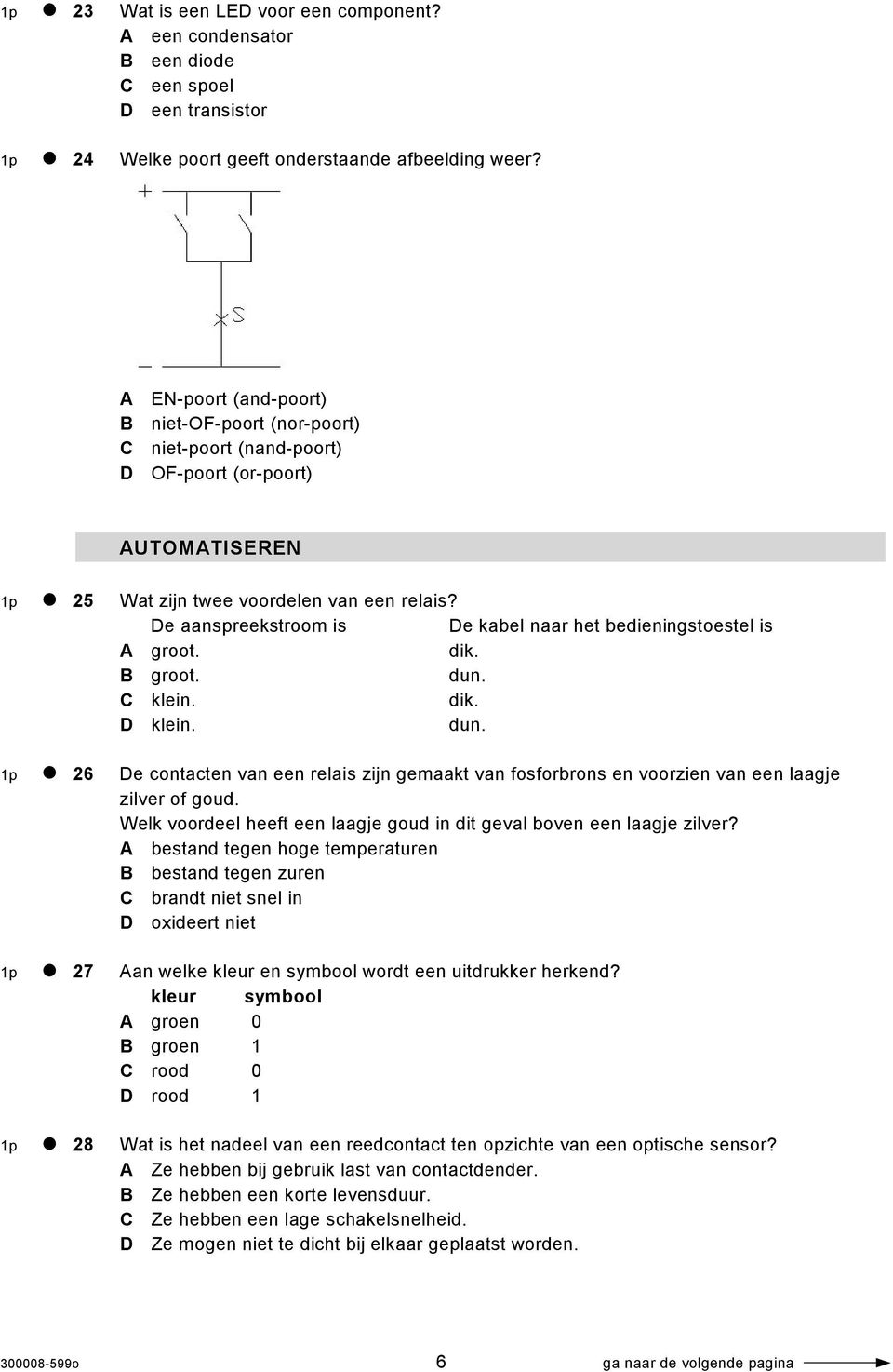 De aanspreekstroom is De kabel naar het bedieningstoestel is A groot. dik. B groot. dun. C klein. dik. D klein. dun. 1p 26 De contacten van een relais zijn gemaakt van fosforbrons en voorzien van een laagje zilver of goud.