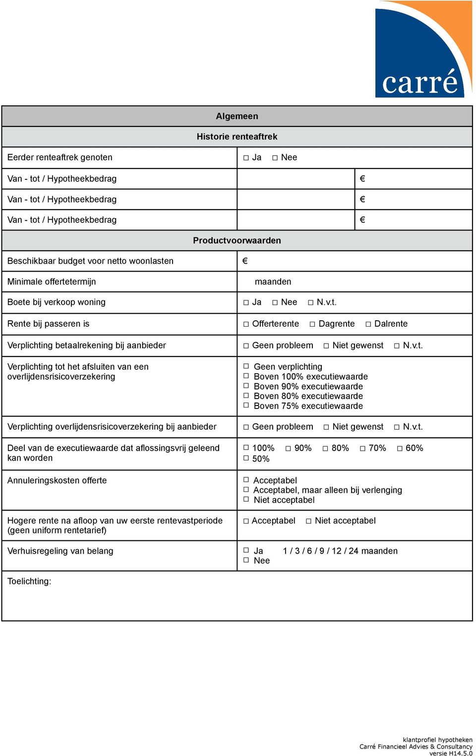 v.t. Verplichting tot het afsluiten een overlijdensrisicoverzekering Geen verplichting Boven 100% executiewaarde Boven 90% executiewaarde Boven 80% executiewaarde Boven 75% executiewaarde