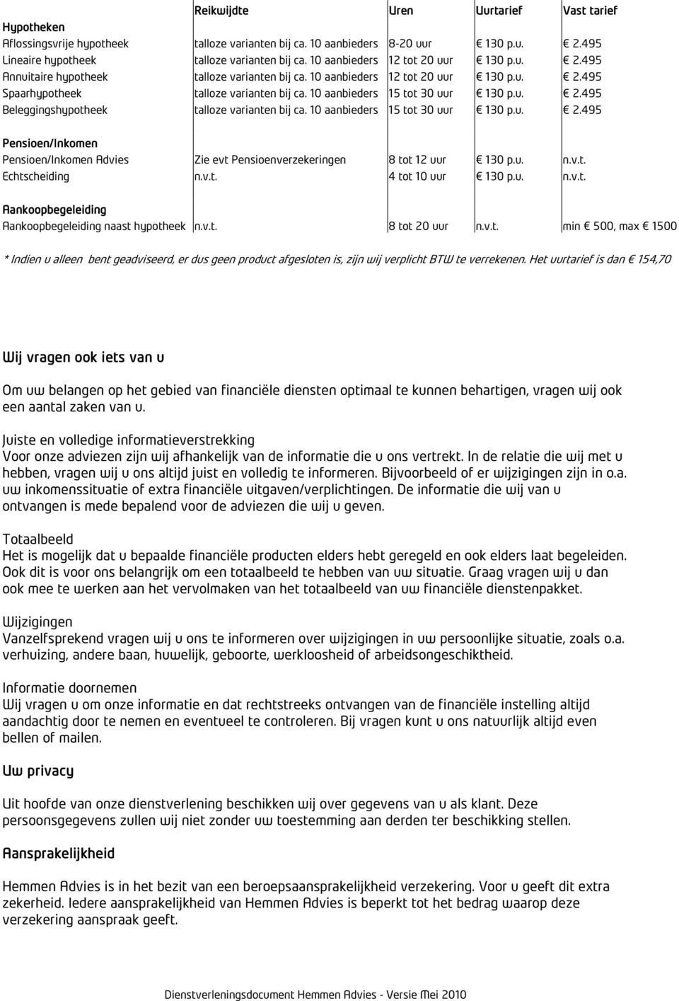 10 aanbieders 15 tot 30 uur 130 p.u. 2.495 Beleggingshypotheek talloze varianten bij ca. 10 aanbieders 15 tot 30 uur 130 p.u. 2.495 Pensioen/Inkomen Pensioen/Inkomen Advies Zie evt Pensioenverzekeringen 8 tot 12 uur 130 p.