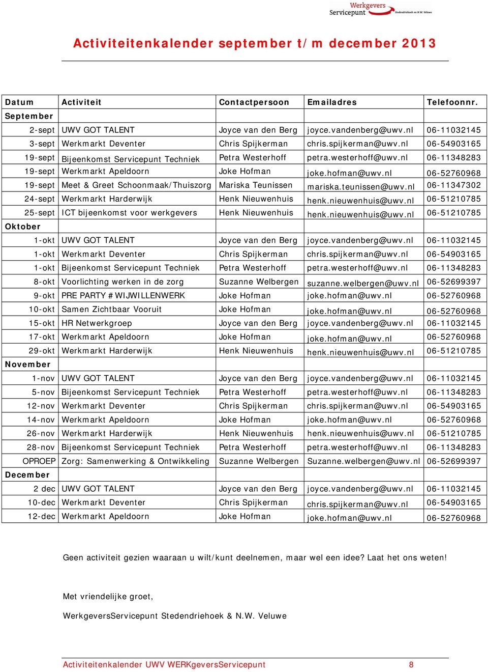 nl 06-11348283 19-sept Werkmarkt Apeldoorn Joke Hofman joke.hofman@uwv.nl 06-52760968 19-sept Meet & Greet Schoonmaak/Thuiszorg Mariska Teunissen mariska.teunissen@uwv.