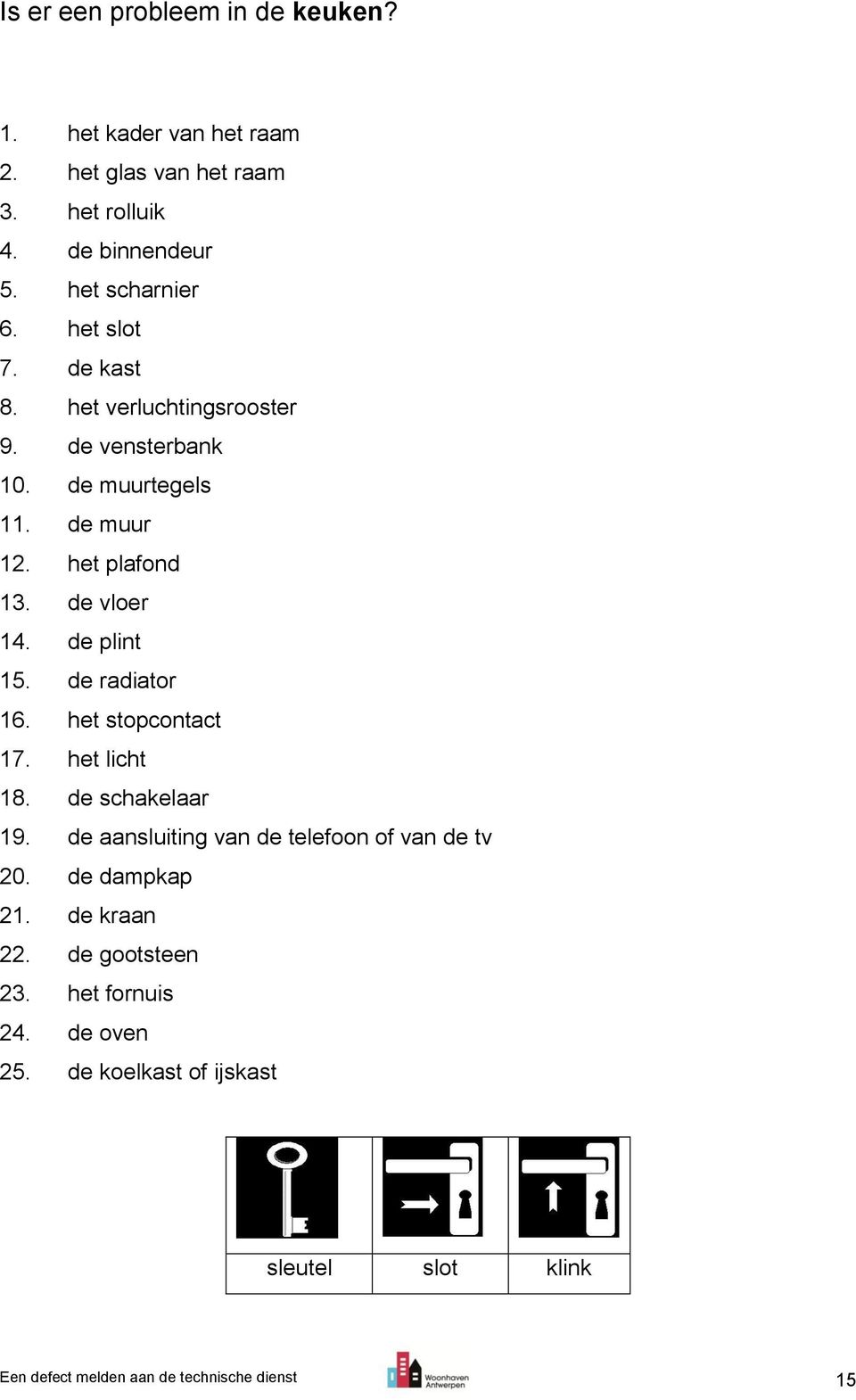 de plint 15. de radiator 16. het stopcontact 17. het licht 18. de schakelaar 19. de aansluiting van de telefoon of van de tv 20.