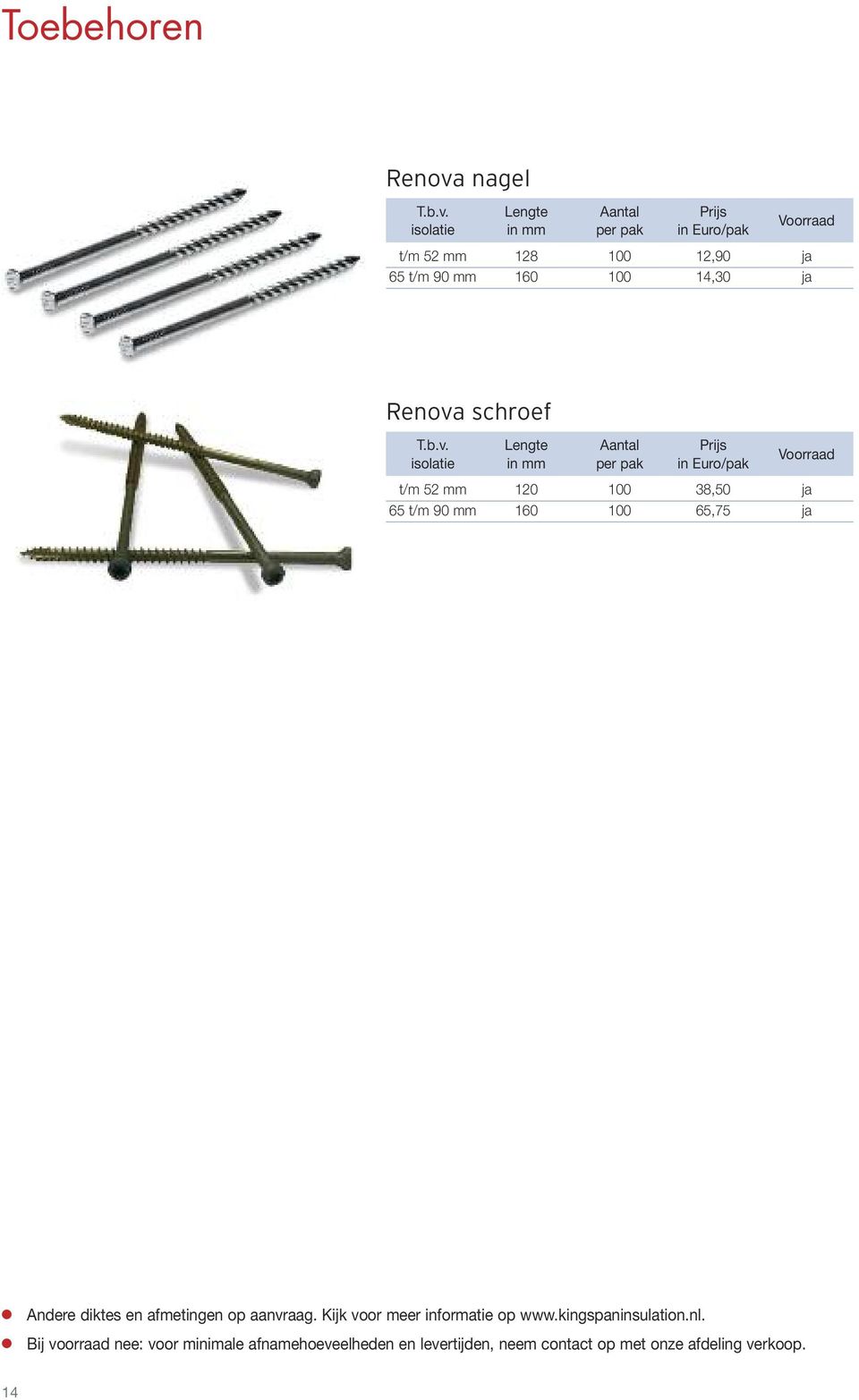 Lengte Aantal Prijs isolatie in mm per pak in Euro/pak t/m 52 mm 128