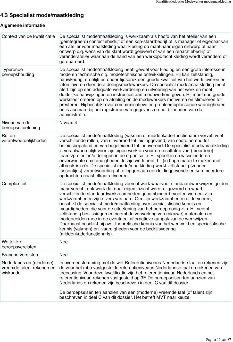 beroepsvereisten Branche vereisten Nederlands en (moderne) vreemde talen, rekenen en wiskunde De specialist mode/maatkleding is werkzaam als hoofd van het atelier van een (geïntegreerd)