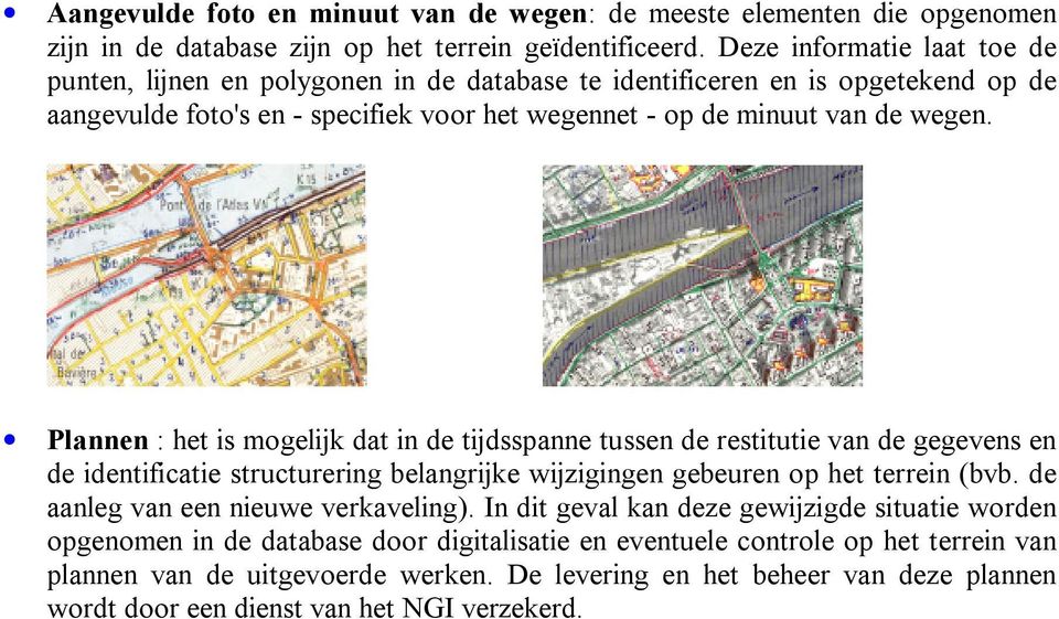 Plannen : het is mogelijk dat in de tijdsspanne tussen de restitutie van de gegevens en de identificatie structurering belangrijke wijzigingen gebeuren op het terrein (bvb.