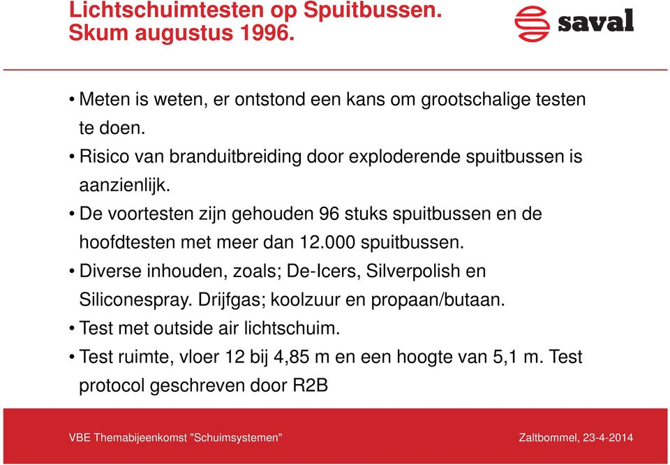 De voortesten zijn gehouden 96 stuks spuitbussen en de hoofdtesten met meer dan 12.000 spuitbussen.