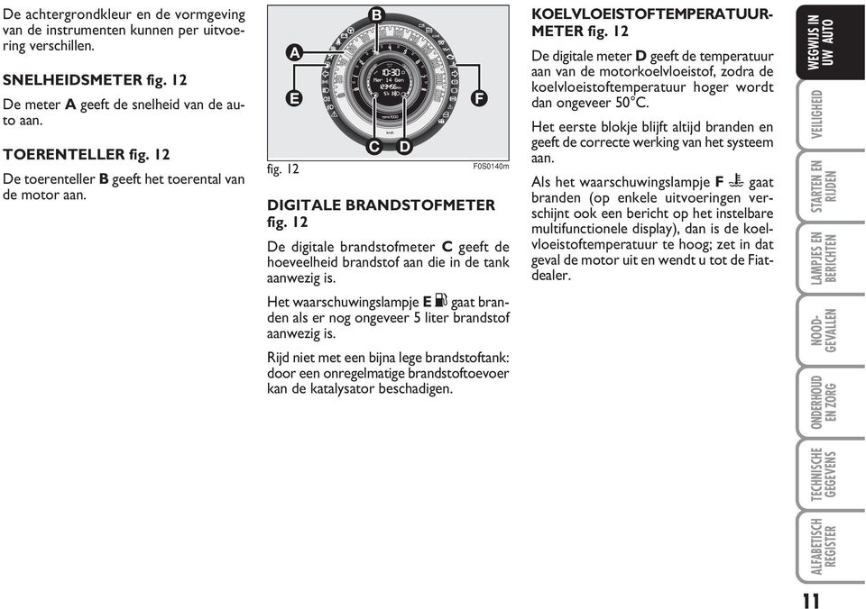 12 De digitale brandstofmeter C geeft de hoeveelheid brandstof aan die in de tank aanwezig is. Het waarschuwingslampje E K gaat branden als er nog ongeveer 5 liter brandstof aanwezig is.