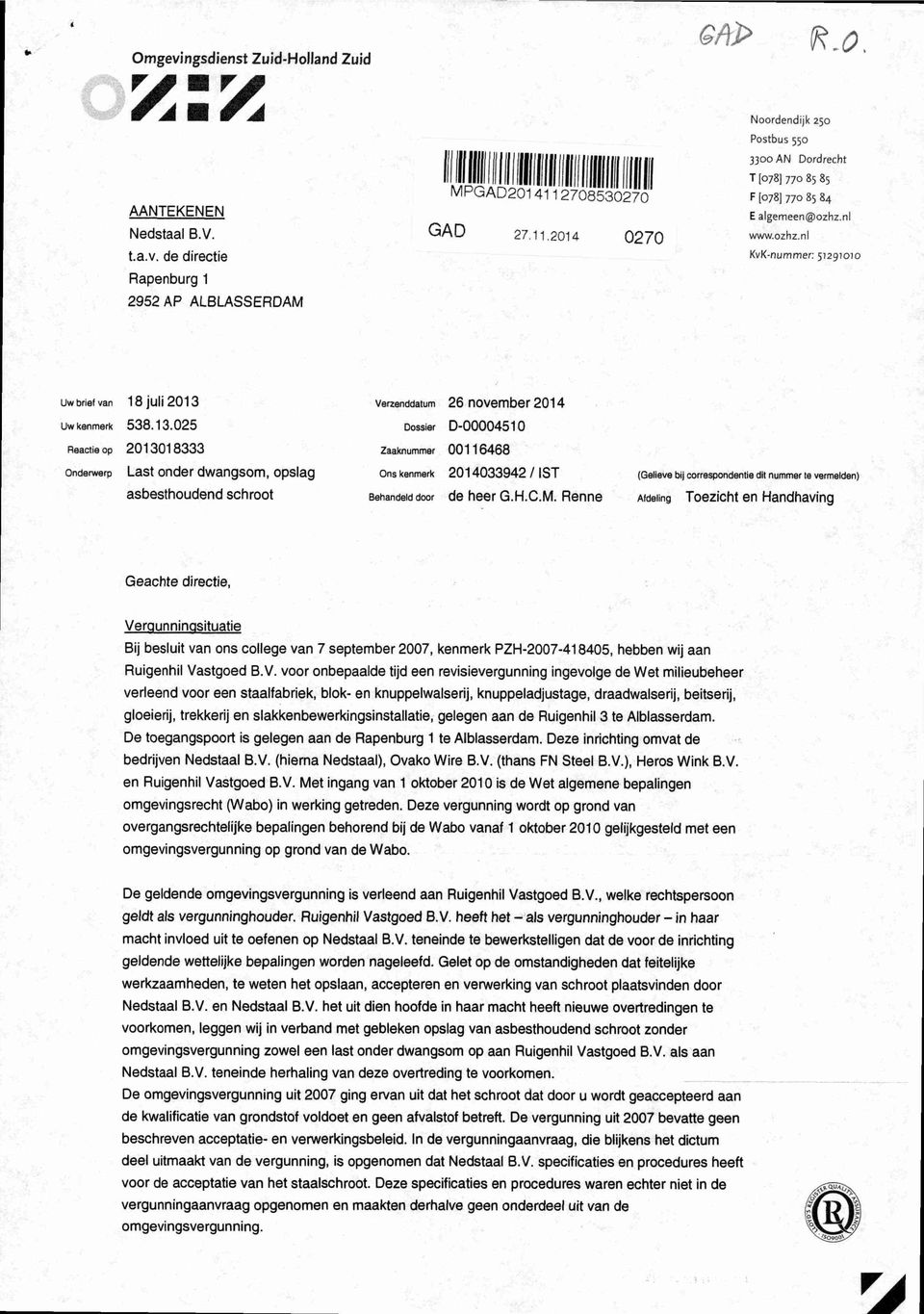 Verzenddatum 26 november 2014 Uw kenmerk 538.13.