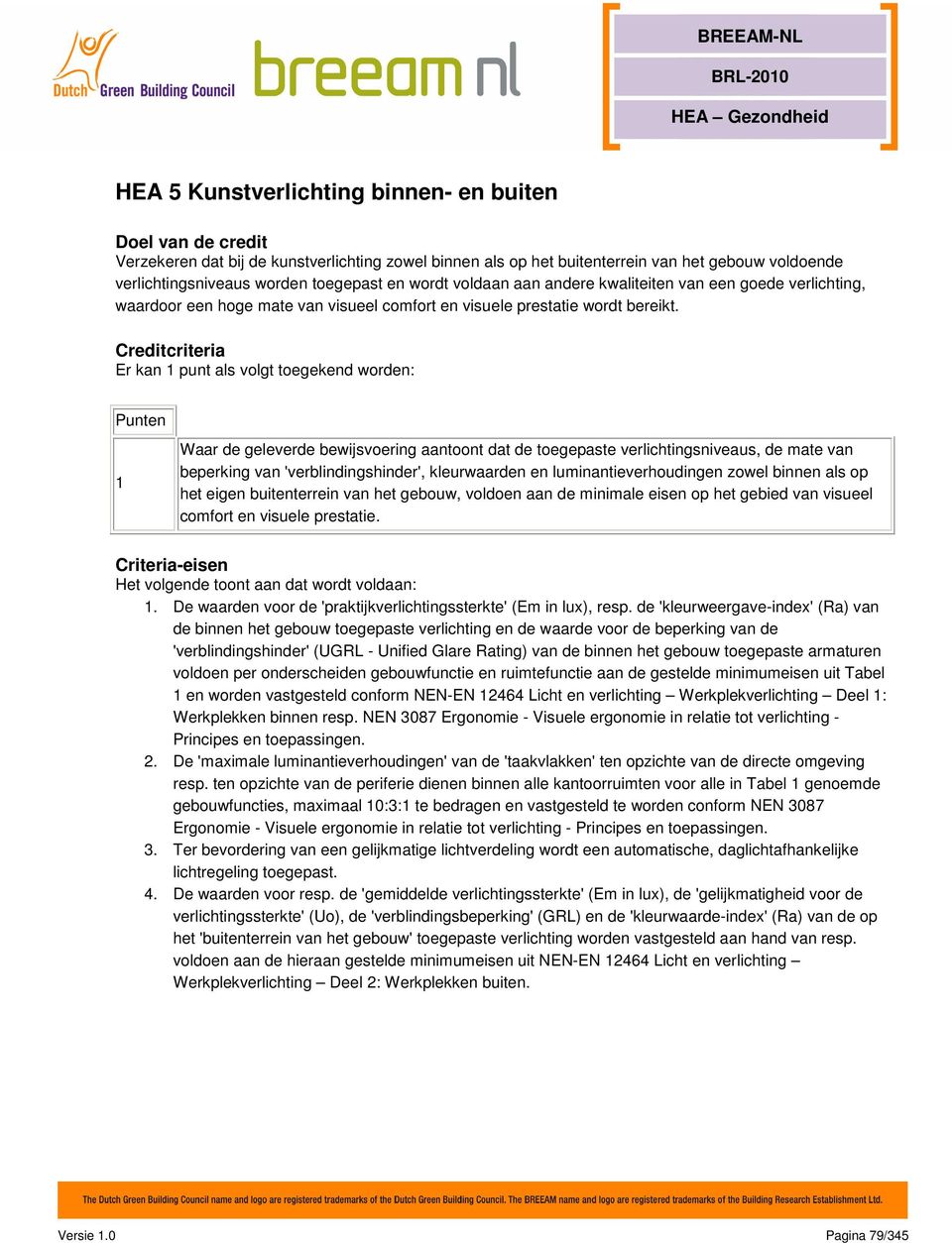 Creditcriteria Er kan 1 punt als volgt toegekend worden: Punten 1 Waar de geleverde bewijsvoering aantoont dat de toegepaste verlichtingsniveaus, de mate van beperking van 'verblindingshinder',