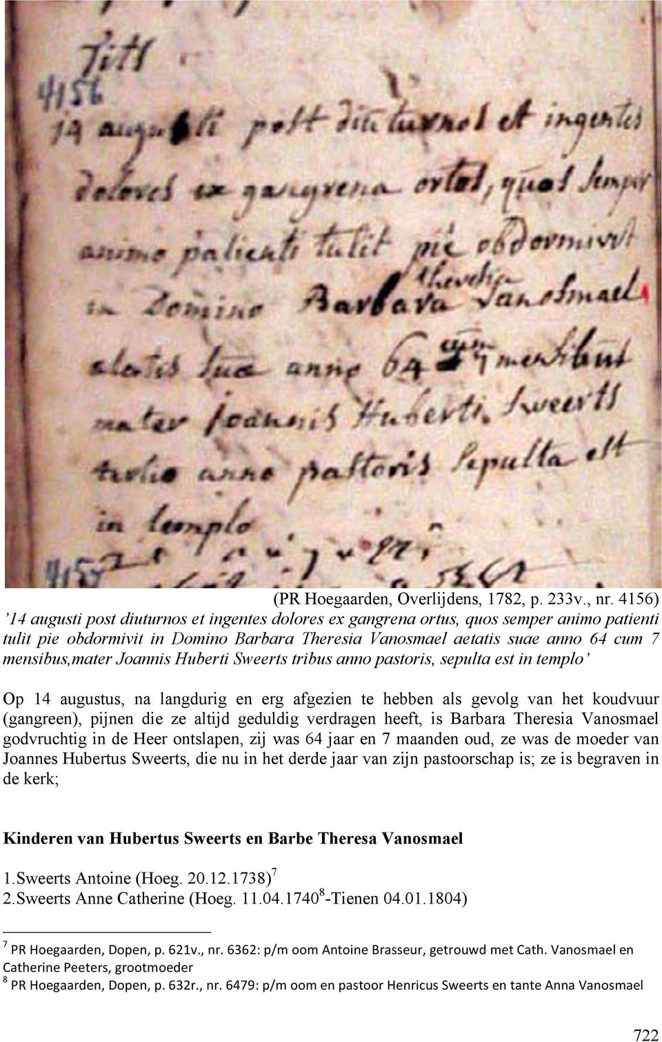 Joannis Huberti Sweerts tribus anno pastoris, sepulta est in templo Op 14 augustus, na langdurig en erg afgezien te hebben als gevolg van het koudvuur (gangreen), pijnen die ze altijd geduldig