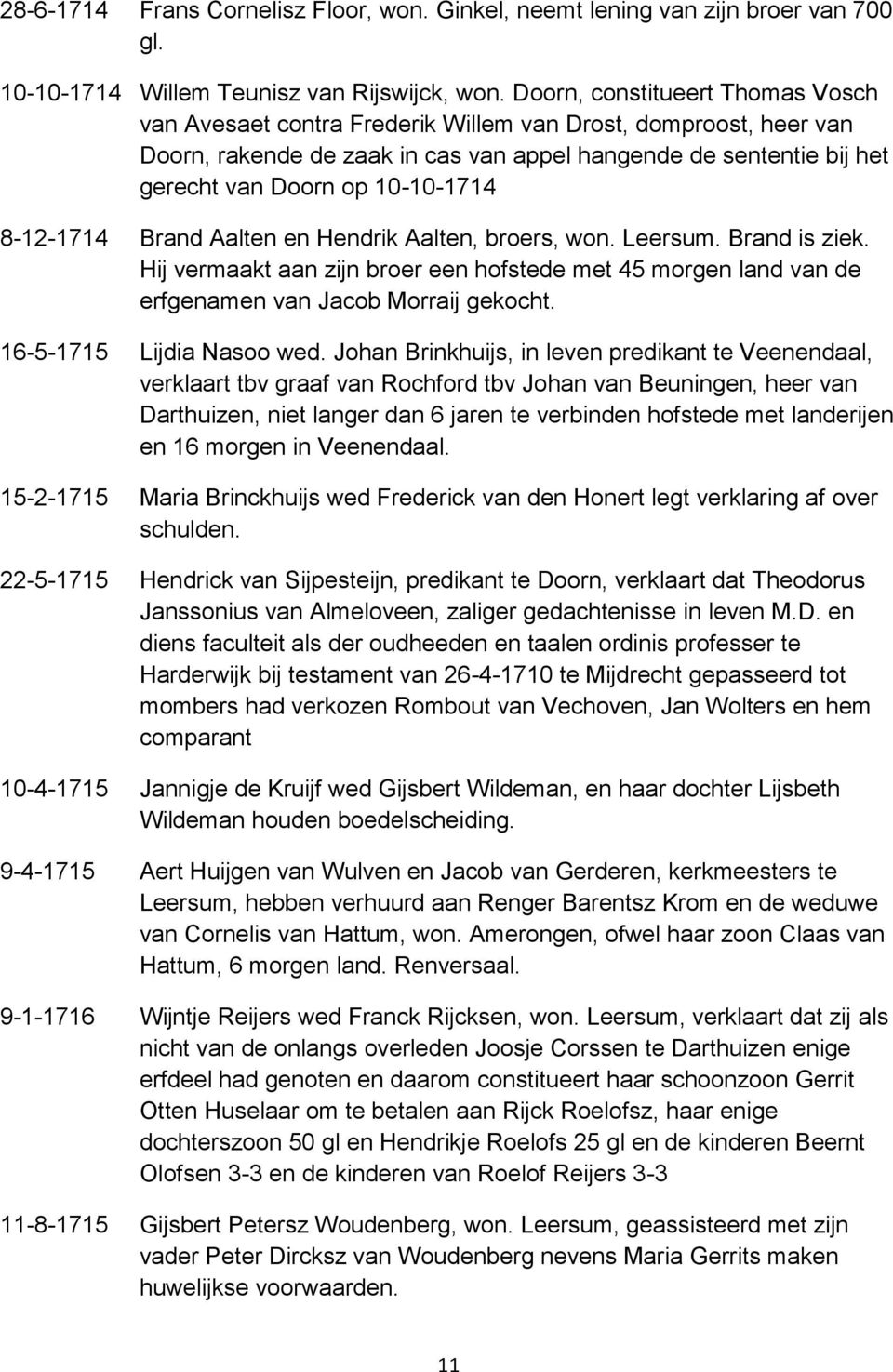 10-10-1714 8-12-1714 Brand Aalten en Hendrik Aalten, broers, won. Leersum. Brand is ziek. Hij vermaakt aan zijn broer een hofstede met 45 morgen land van de erfgenamen van Jacob Morraij gekocht.