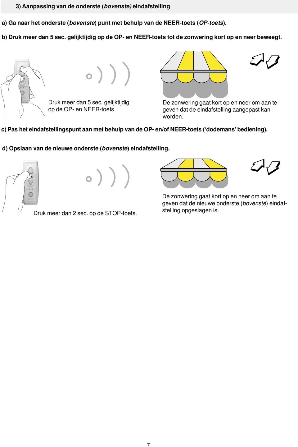 gelijktijdig op de OP- en EER-toets De zonwering gaat kort op en neer om aan te geven dat de eindafstelling aangepast kan worden.