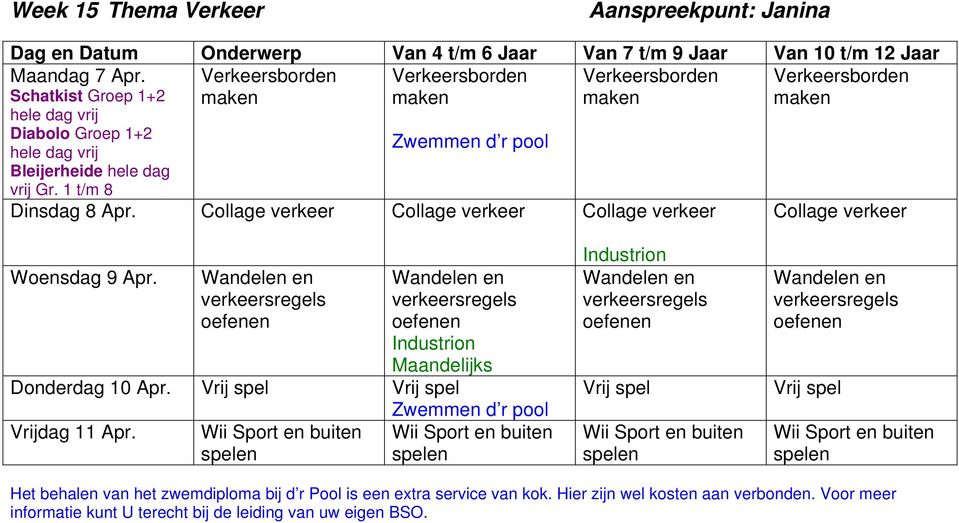 1 t/m 8 Dinsdag 8 Apr. Collage verkeer Collage verkeer Collage verkeer Collage verkeer Woensdag 9 Apr.