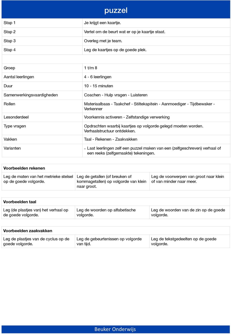 Opdrachten waarbij kaartjes op volgorde gelegd moeten worden. Verhaalstructuur ontdekken.