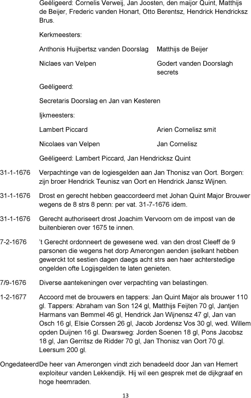 Piccard Arien Cornelisz smit Jan Cornelisz Geëligeerd: Lambert Piccard, Jan Hendricksz Quint 31-1-1676 Verpachtinge van de logiesgelden aan Jan Thonisz van Oort.