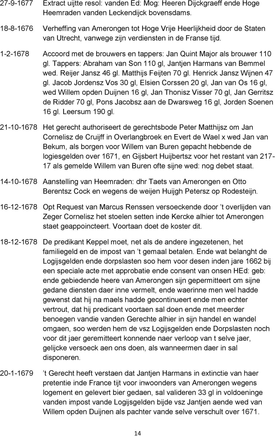 1-2-1678 Accoord met de brouwers en tappers: Jan Quint Major als brouwer 110 gl. Tappers: Abraham van Son 110 gl, Jantjen Harmans van Bemmel wed. Reijer Jansz 46 gl. Matthijs Feijten 70 gl.