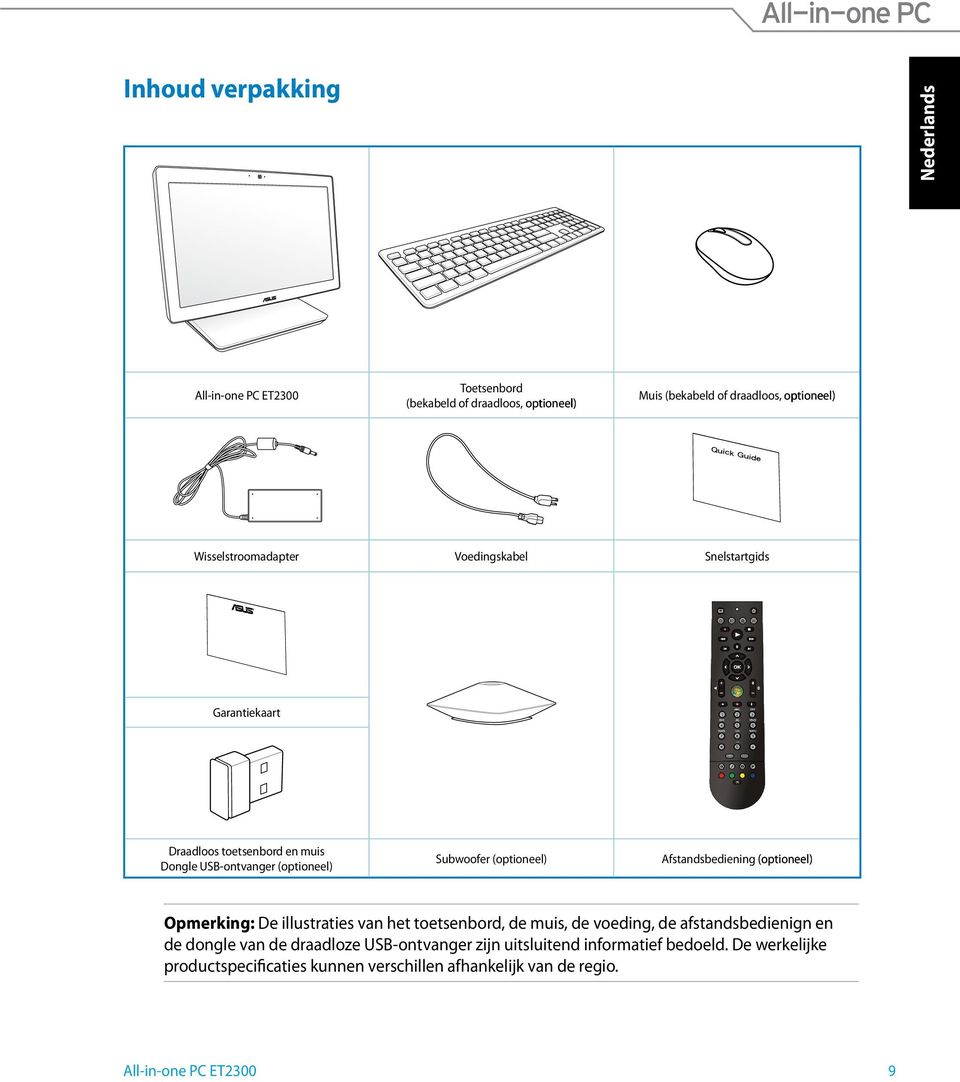 Afstandsbediening (optioneel) Opmerking: De illustraties van het toetsenbord, de muis, de voeding, de afstandsbedienign en de dongle van de draadloze