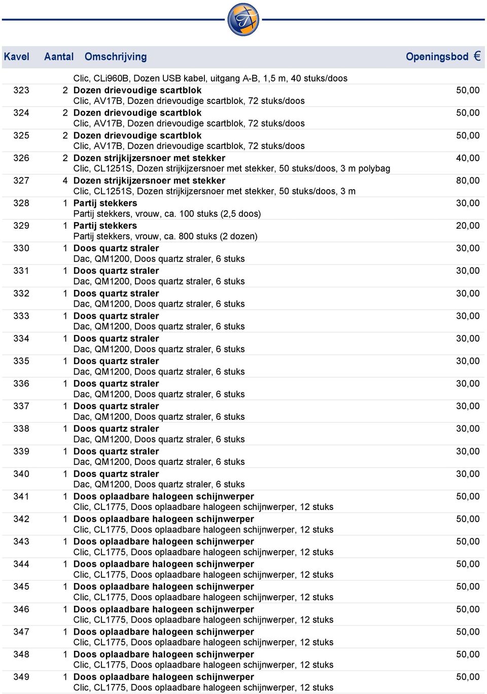 Dozen strijkijzersnoer met stekker, 50 stuks/doos, 3 m polybag 327 4 Dozen strijkijzersnoer met stekker Clic, CL1251S, Dozen strijkijzersnoer met stekker, 50 stuks/doos, 3 m 328 1 Partij stekkers