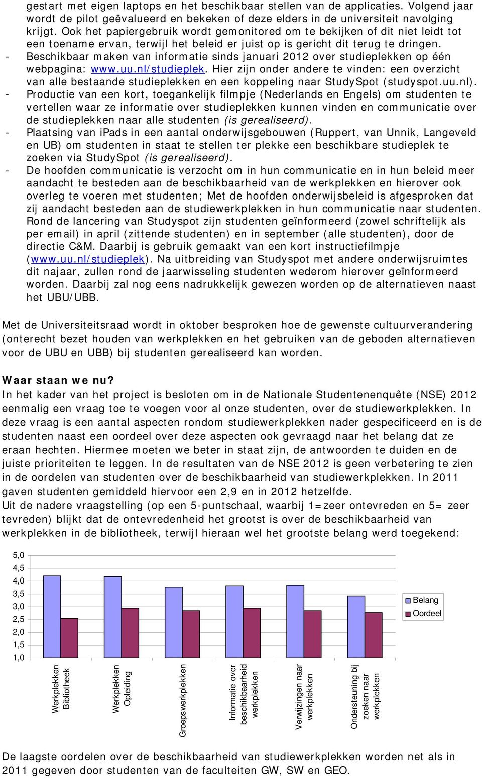 - Beschikbaar maken van informatie sinds januari 2012 over studieplekken op één webpagina: www.uu.nl/studieplek.