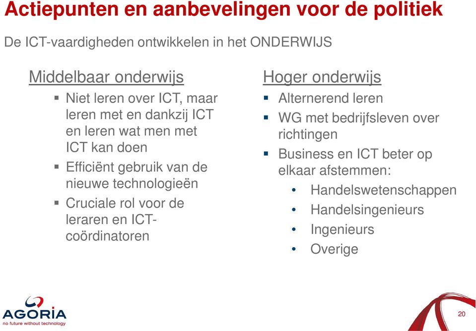 technologieën Cruciale rol voor de leraren en ICTcoördinatoren Hoger onderwijs Alternerend leren WG met bedrijfsleven