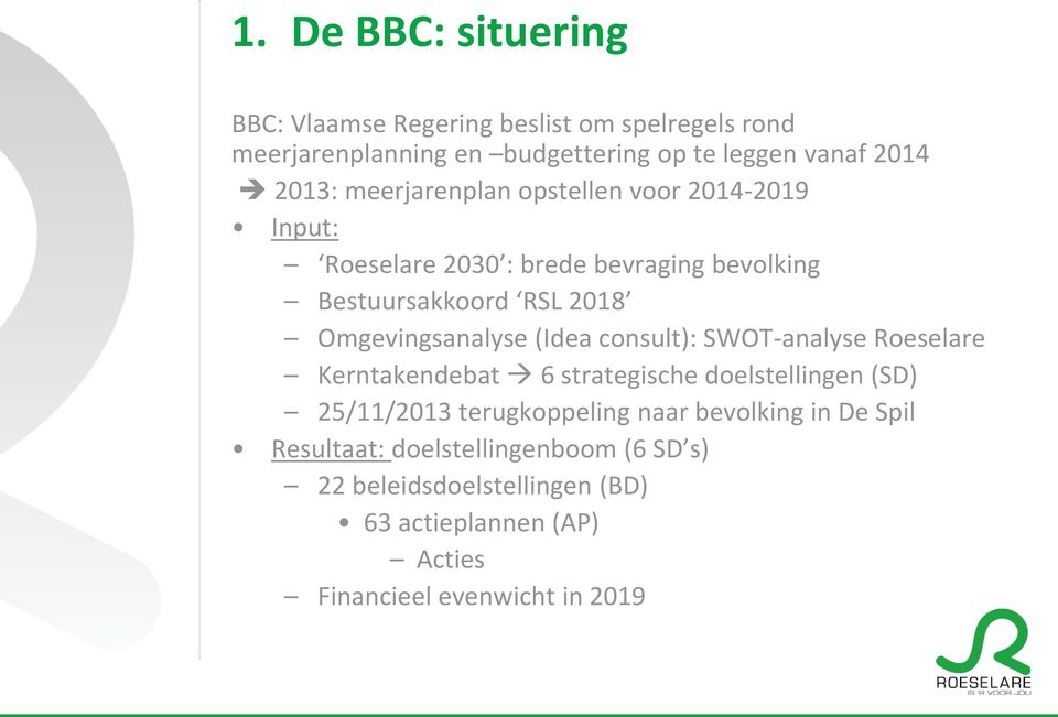 Omgevingsanalyse (Idea consult): SWOT-analyse Roeselare Kerntakendebat 6 strategische doelstellingen (SD) 25/11/2013 terugkoppeling