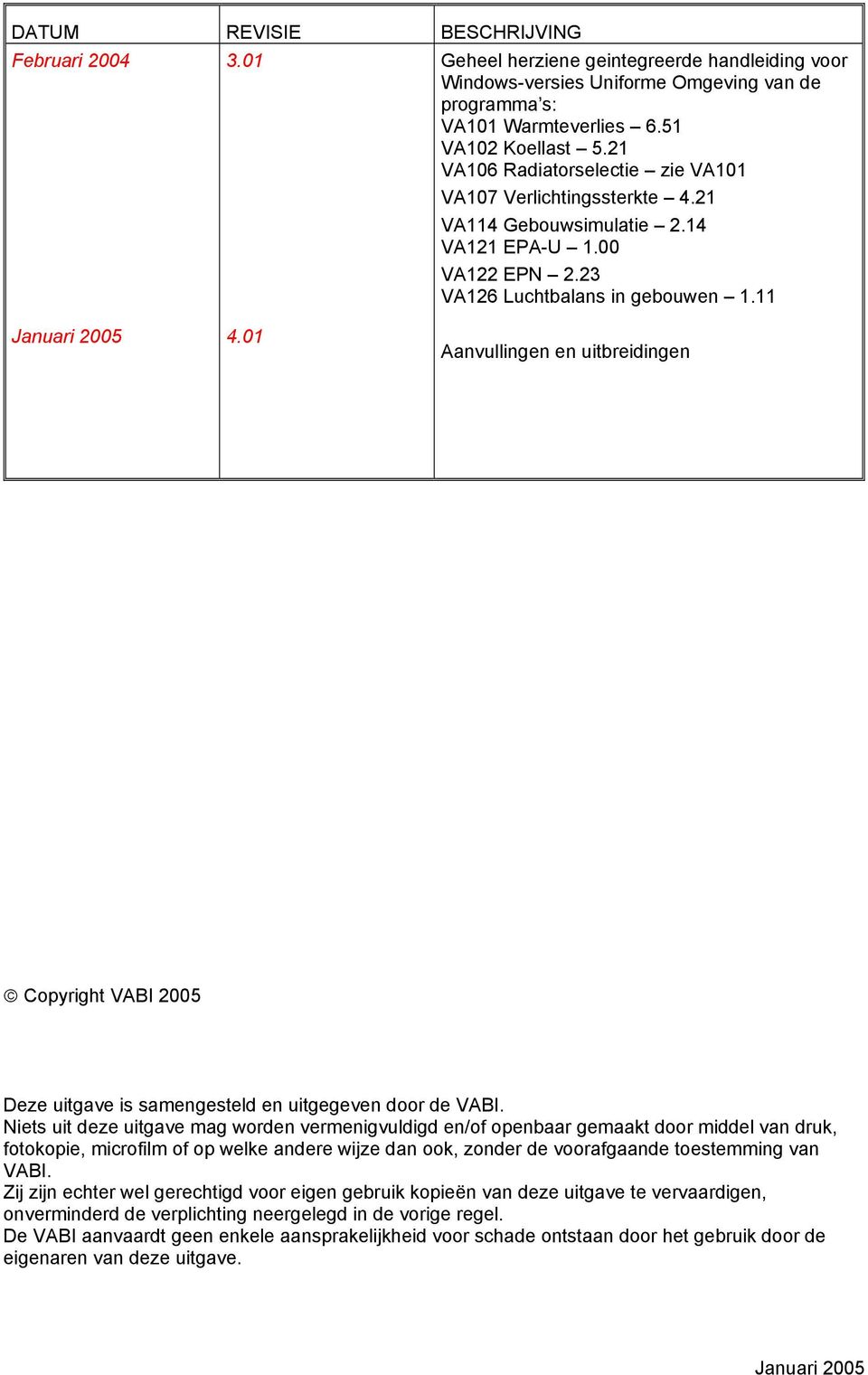 01 Aanvullingen en uitbreidingen Copyright VABI 2005 Deze uitgave is samengesteld en uitgegeven door de VABI.