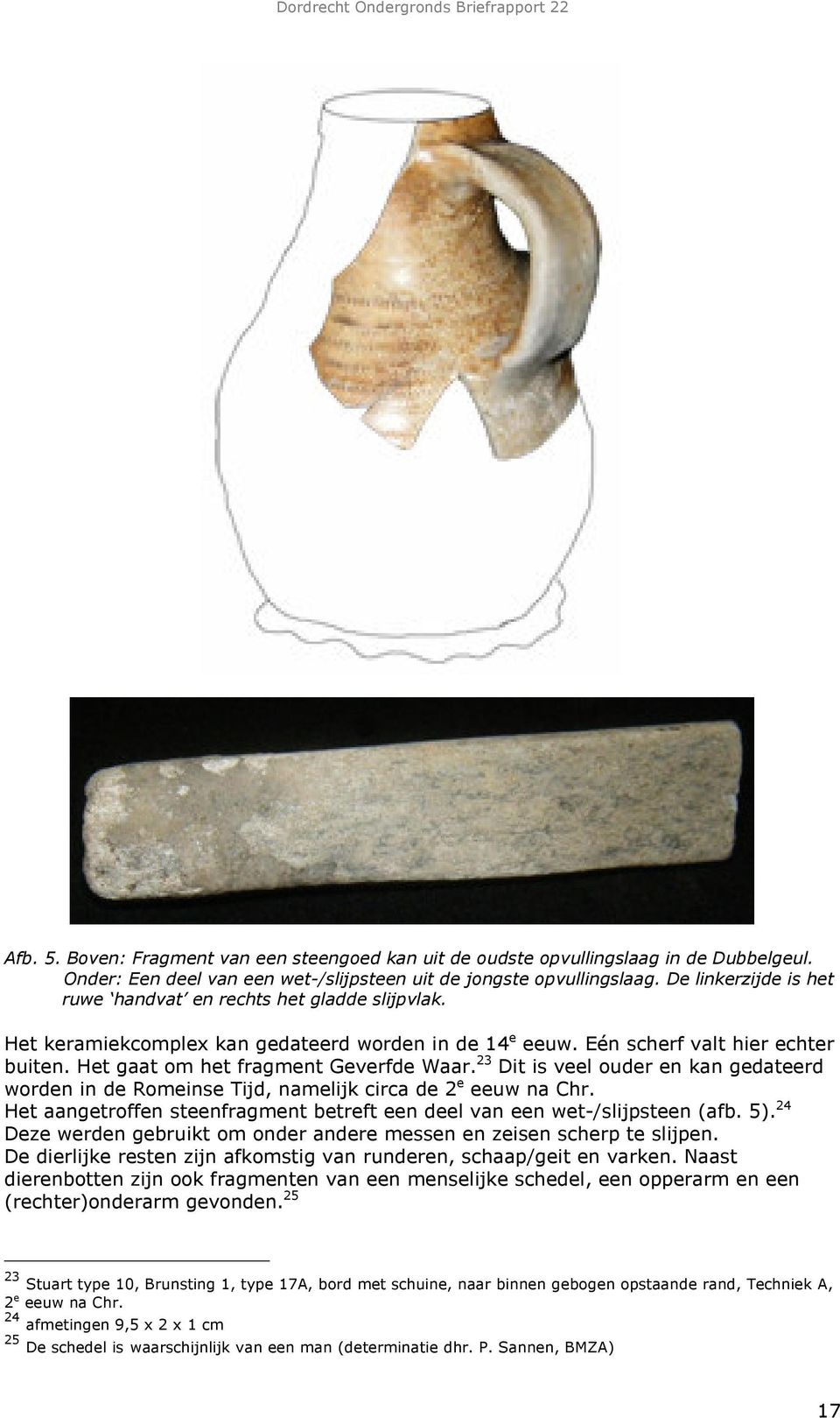 23 Dit is veel ouder en kan gedateerd worden in de Romeinse Tijd, namelijk circa de 2 e eeuw na Chr. Het aangetroffen steenfragment betreft een deel van een wet-/slijpsteen (afb. 5).