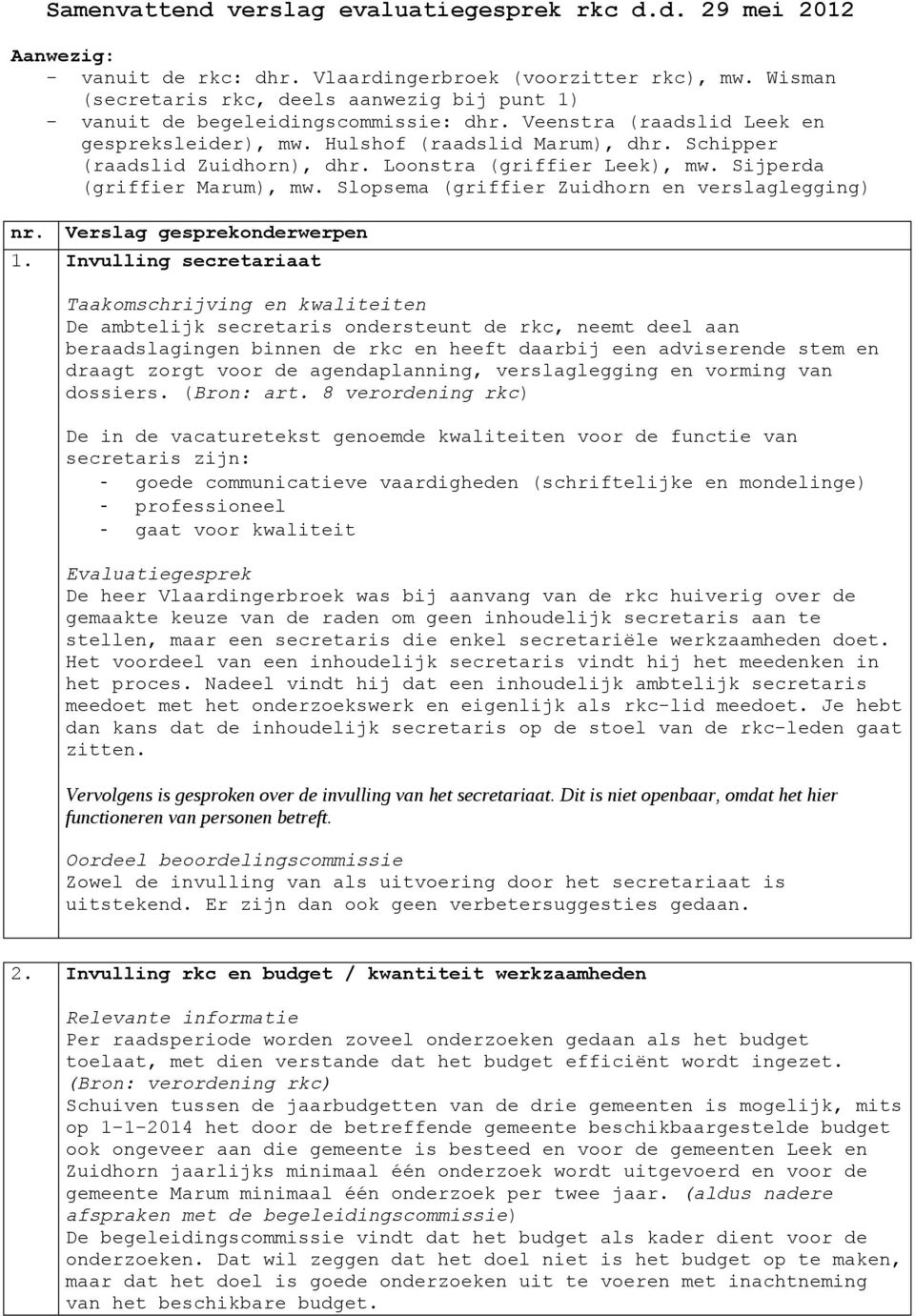 Schipper (raadslid Zuidhorn), dhr. Loonstra (griffier Leek), mw. Sijperda (griffier Marum), mw. Slopsema (griffier Zuidhorn en verslaglegging) nr. Verslag gesprekonderwerpen 1.