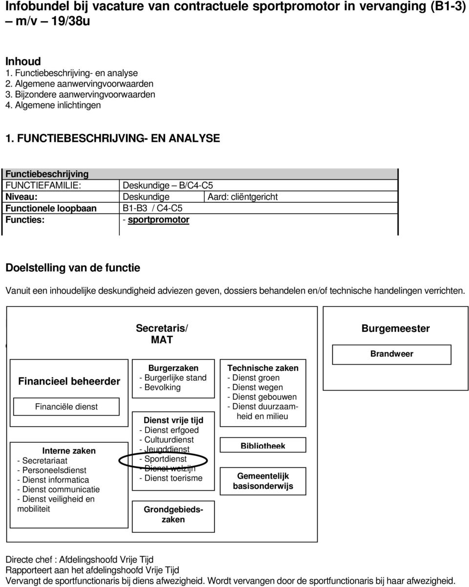 FUNCTIEBESCHRIJVING- EN ANALYSE Functiebeschrijving FUNCTIEFAMILIE: Deskundige B/C4-C5 Niveau: Deskundige Aard: cliëntgericht Functionele loopbaan B1-B3 / C4-C5 Functies: - sportpromotor Doelstelling