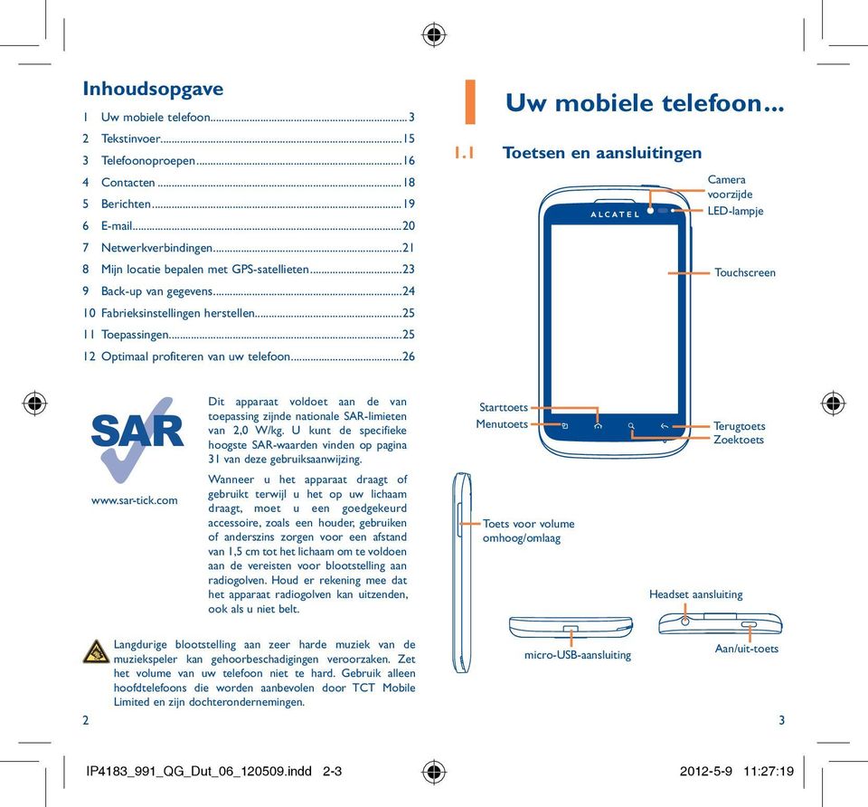 U kunt de specifieke hoogste SAR-waarden vinden op pagina 31 van deze gebruiksaanwijzing. Starttoets Menutoets Terugtoets Zoektoets www.sar-tick.