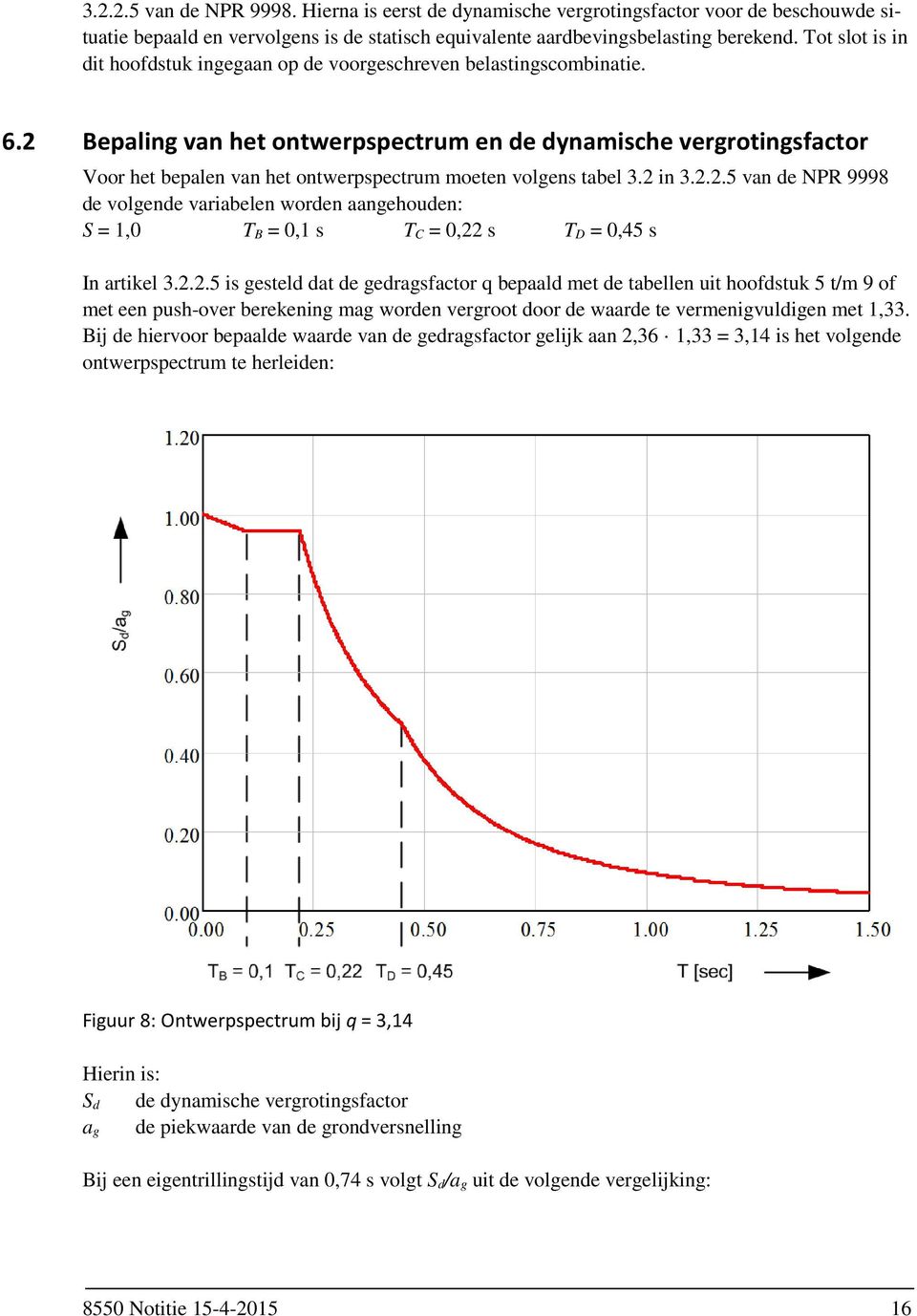 2 Bepaling van het ontwerpspectrum en de dynamische vergrotingsfactor Voor het bepalen van het ontwerpspectrum moeten volgens tabel 3.2 in 3.2.2.5 van de NPR 9998 de volgende variabelen worden aangehouden: S = 1,0 T B = 0,1 s T C = 0,22 s T D = 0,45 s In artikel 3.