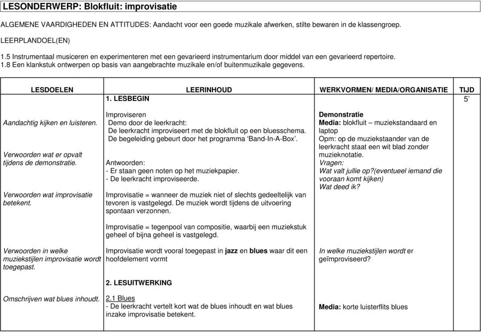 8 Een klankstuk ontwerpen op basis van aangebrachte muzikale en/of buitenmuzikale gegevens. LESDOELEN LEERINHOUD WERKVORMEN/ MEDIA/ORGANISATIE TIJD 1. LESBEGIN Aandachtig kijken en luisteren.