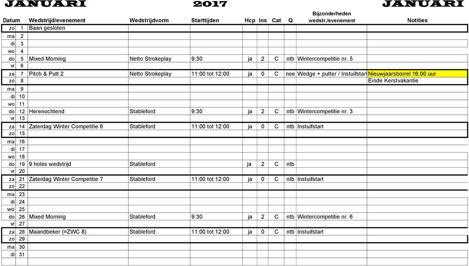 00 uur zo 8 Einde Kerstvakantie ma 9 di 10 wo 11 do 12 Herenochtend Stableford 9:30 ja 2 C ntb Wintercompetitie nr.