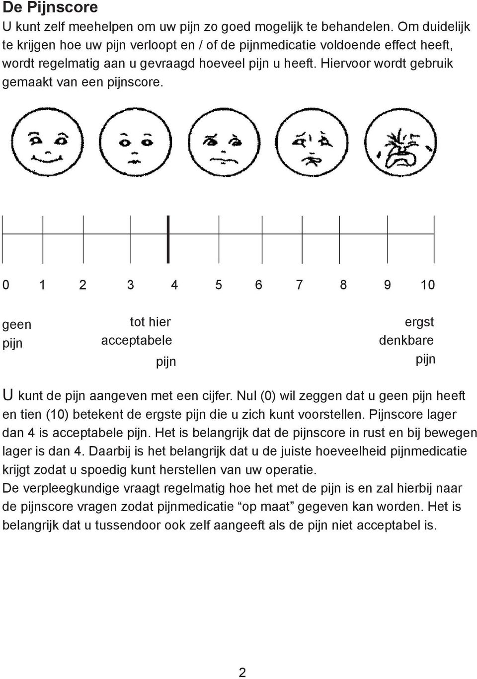 0 1 2 3 4 5 6 7 8 9 10 geen tot hier ergst pijn acceptabele denkbare pijn pijn U kunt de pijn aangeven met een cijfer.