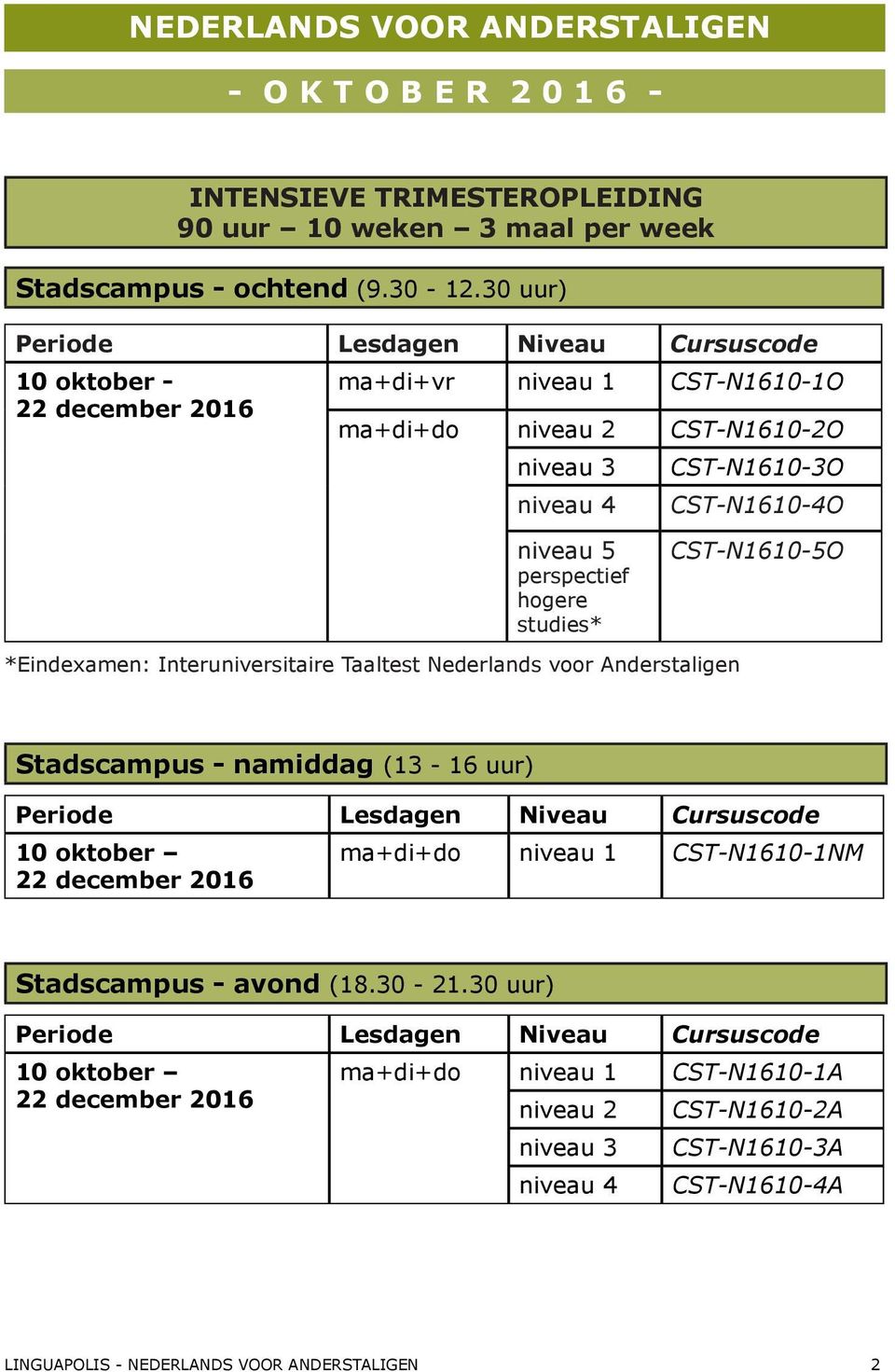 *Eindexamen: Interuniversitaire Taaltest Nederlands voor Anderstaligen Stadscampus - namiddag (13-16 uur) 10 oktober 22 december 2016 ma+di+do niveau 1 CST-N1610-1NM