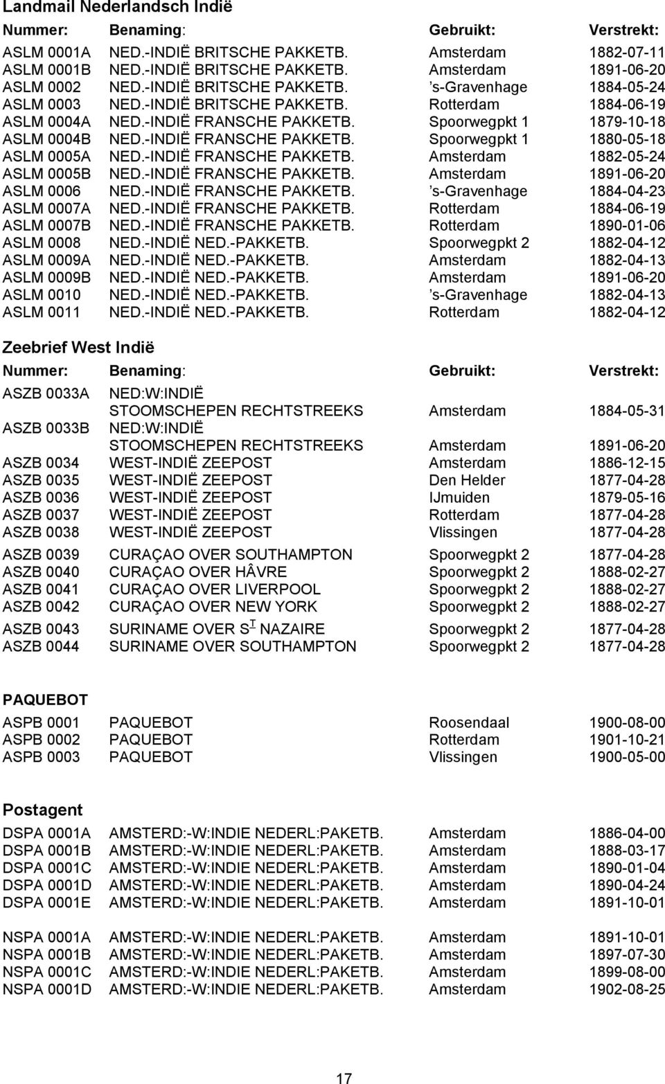 -INDIË FRANSCHE PAKKETB. Spoorwegpkt 1 1880-05-18 ASLM 0005A NED.-INDIË FRANSCHE PAKKETB. Amsterdam 1882-05-24 ASLM 0005B NED.-INDIË FRANSCHE PAKKETB. Amsterdam 1891-06-20 ASLM 0006 NED.