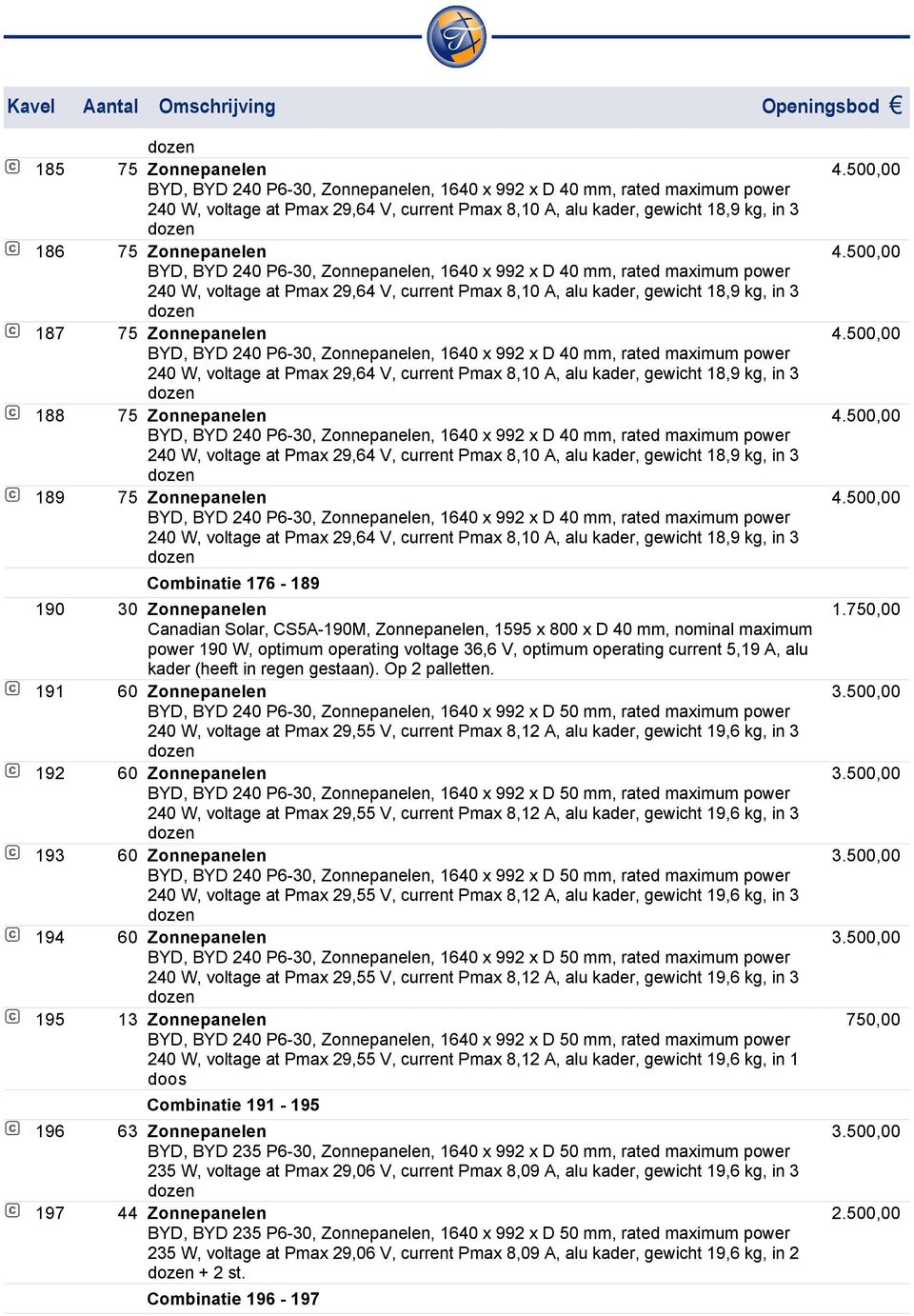 kader, gewicht 18,9 kg, in 3 189 75 Zonnepanelen 240 W, voltage at Pmax 29,64 V, current Pmax 8,10 A, alu kader, gewicht 18,9 kg, in 3 Combinatie 176-189 190 30 Zonnepanelen Canadian Solar,