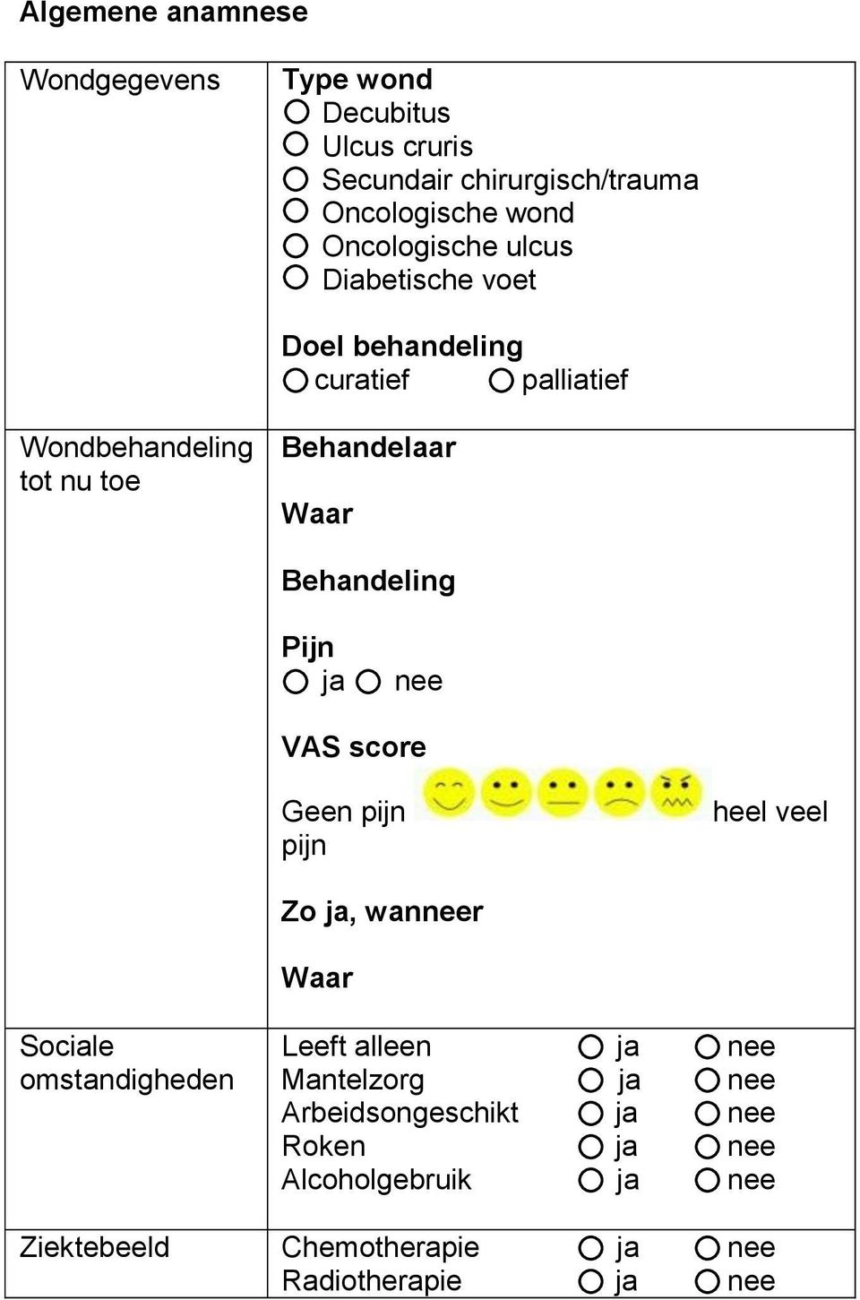 Behandeling Pijn ja nee VAS score Geen pijn pijn heel veel Zo ja, wanneer Waar Sociale omstandigheden Leeft alleen ja