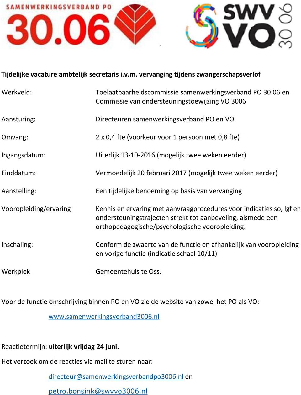 vervanging tijdens zwangerschapsverlof Werkveld: Aansturing: Omvang: Ingangsdatum: Einddatum: Aanstelling: Vooropleiding/ervaring Inschaling: Werkplek Toelaatbaarheidscommissie samenwerkingsverband