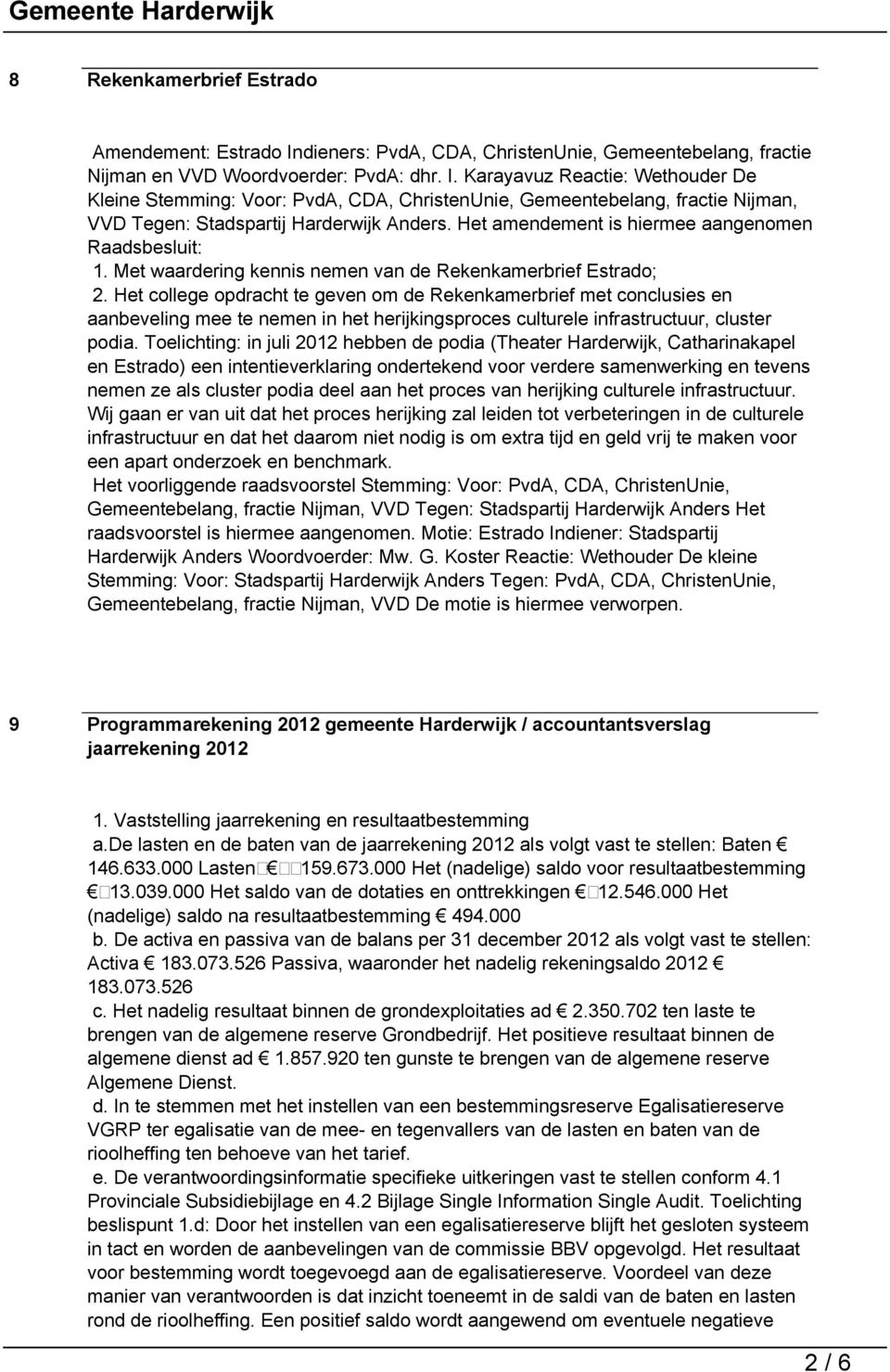 Karayavuz Reactie: Wethouder De Kleine Stemming: Voor: PvdA, CDA, ChristenUnie, Gemeentebelang, fractie Nijman, VVD Tegen: Stadspartij Harderwijk Anders.