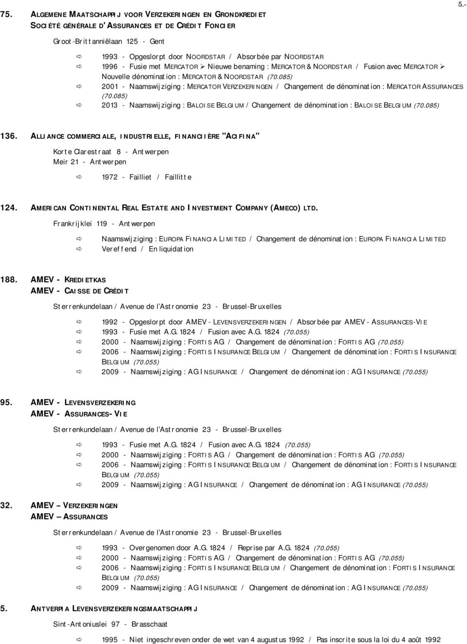 dénomination : MERCATOR & NOORDSTAR (70.085) 2001 - Naamswijziging : MERCATOR VERZEKERINGEN / Changement de dénomination : MERCATOR ASSURANCES (70.