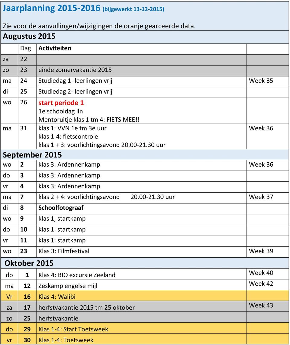 klas 1 tm 4: FIETS MEE!! ma 31 klas 1: VVN 1e tm 3e uur klas 1-4: fietscontrole klas 1 + 3: voorlichtingsavond 20.00-21.