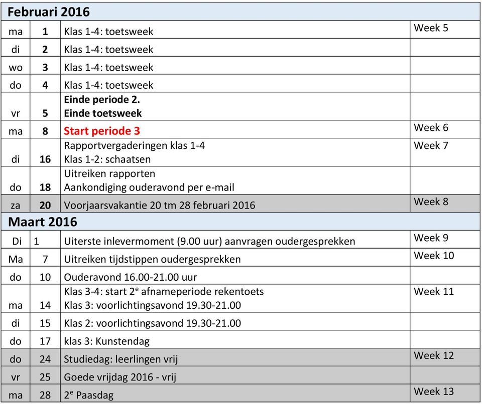 tm 28 februari 2016 Week 8 Maart 2016 Di 1 Uiterste inlevermoment (9.00 uur) aanvragen oudergesprekken Week 9 Ma 7 Uitreiken tijdstippen oudergesprekken Week 10 do 10 Ouderavond 16.00-21.