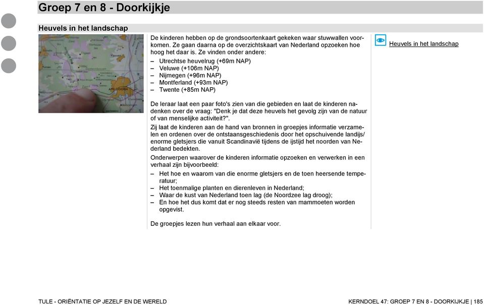 Ze vinden onder andere: Utrechtse heuvelrug (+69m NAP) Veluwe (+106m NAP) Nijmegen (+96m NAP) Montferland (+93m NAP) Twente (+85m NAP) De leraar laat een paar foto's zien van die gebieden en laat de