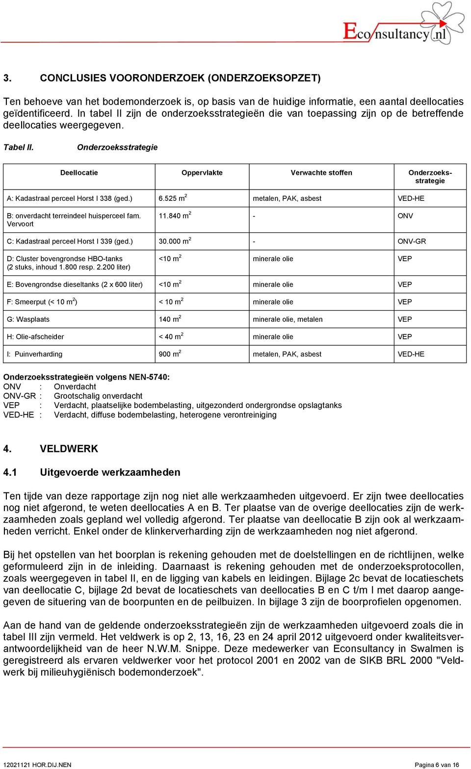 Onderzoeksstrategie Deellocatie Oppervlakte Verwachte stoffen Onderzoeksstrategie A: Kadastraal perceel Horst I 338 (ged.) 6.