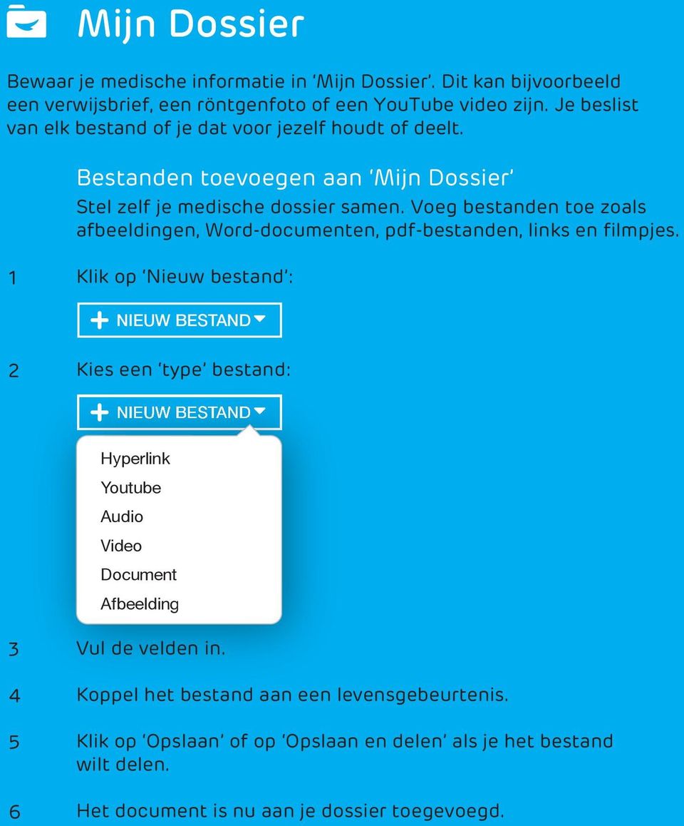 Voeg bestanden toe zoals afbeeldingen, Word-documenten, pdf-bestanden, links en filmpjes.