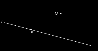 Hier zie je lijn l met punt P op die lijn. a. Teken op het werkblad een lijn door P en loodrecht op lijn l. Noem die lijn m b. Teken op het werkblad een punt Q op lijn m. c.