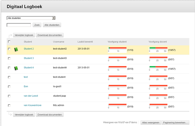 In het overzicht komen de volgende kolommen voor: 1. Student: hier staan alle namen van de studenten. Als er op een van de namen wordt geklikt opent het bijbehorende logboek van die persoon. 2.